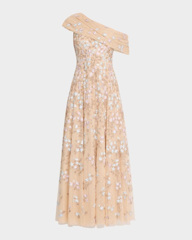 Everett Bloom One-Shoulder Embroidered Gown